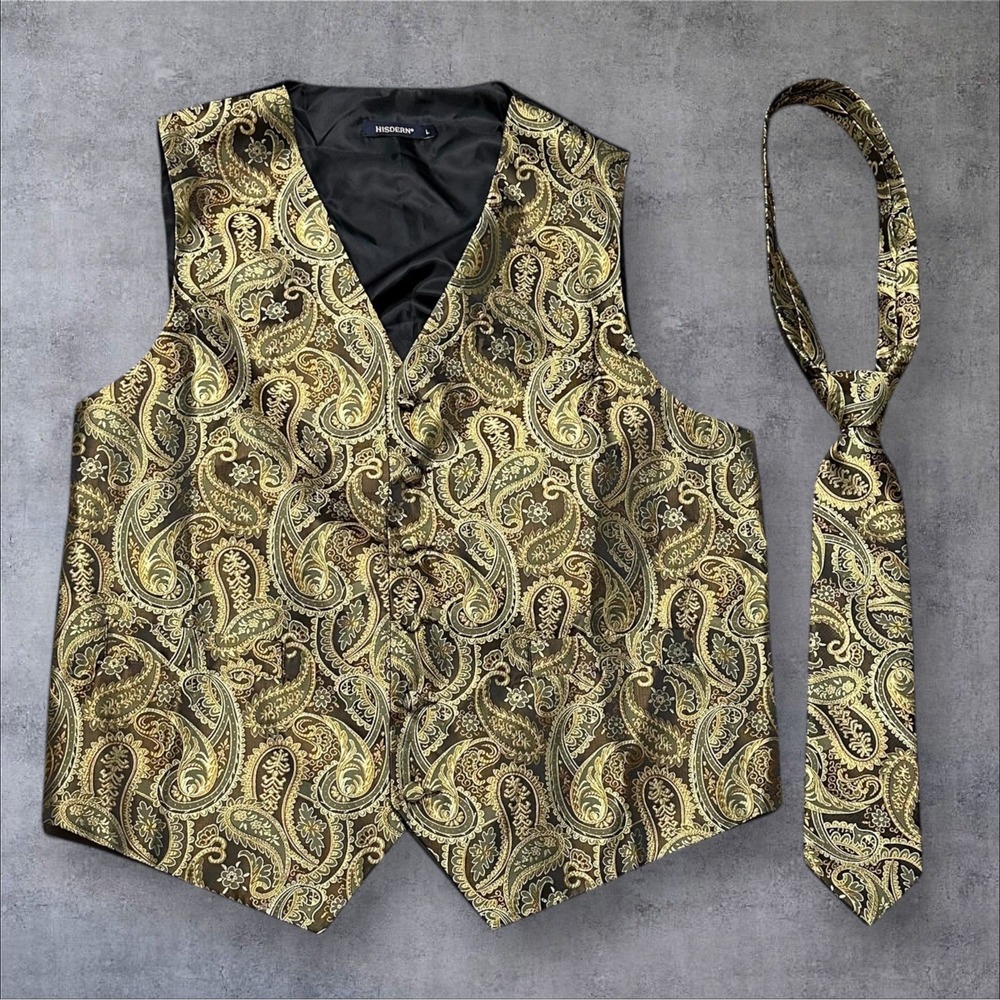 Hisdern Men's Gold Paisley Vest Tie Set
